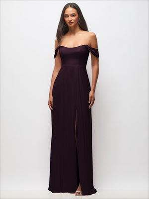 Dark plum off-shoulder maxi dress with flounce sleeves, fitted bodice and side slit