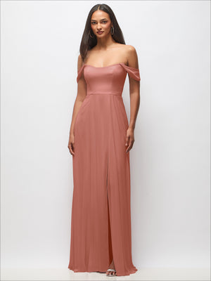 Rose-pink off-shoulder basque maxi dress with flounce sleeves and front slit