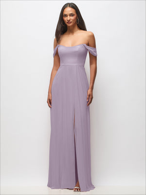 Off-the-shoulder maxi dress in lilac purple with draped flounce sleeves and side slit