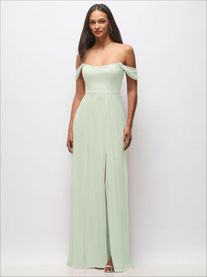 Sage green off-shoulder basque maxi dress with flounce sleeves, front with slit