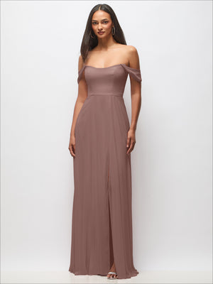 Off-shoulder maxi dress in mauve with basque neckline and flounce sleeve cuffs