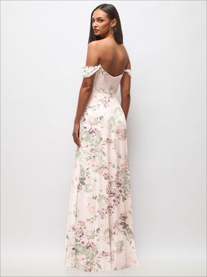 Blush pink floral off-the-shoulder maxi dress with flounce sleeves, side slit