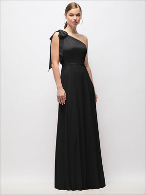 Black draped one-shoulder maxi dress with scarf bow detail at neckline