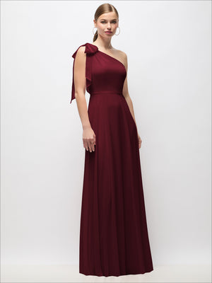 Burgundy draped one-shoulder maxi dress with scarf bow, front view