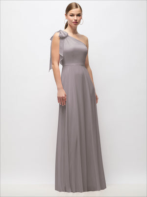 Draped one-shoulder maxi dress with scarf bow, soft gray-lilac, front full length.