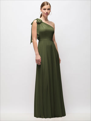Draped one-shoulder maxi dress in olive green with scarf bow at shoulder
