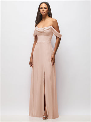 Chiffon corset maxi dress in blush with draped off-shoulder swags, full front view