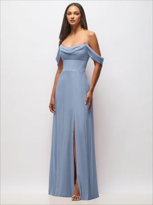 Sky blue chiffon corset maxi dress with off-shoulder swags and floor-length skirt