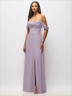 Lilac chiffon corset maxi dress with removable off-the-shoulder swags and front slit