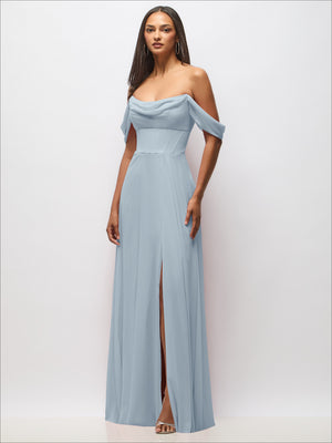 Sky blue chiffon corset maxi dress with off-shoulder swags and flowing maxi length