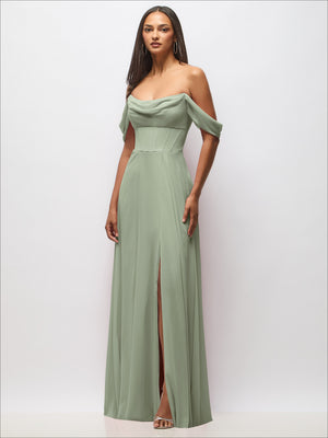Chiffon corset maxi dress, soft teal off-shoulder swags with draped neckline and front slit