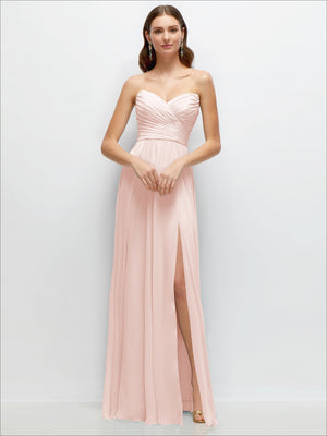Blush pink strapless chiffon maxi dress with ruched bodice and side-slit A-line skirt