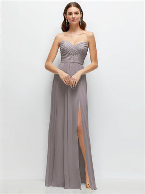 Strapless chiffon maxi dress with ruched bodice and front slit, light gray color