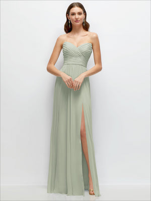 Sage green strapless pleated chiffon maxi dress with side slit