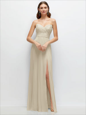Ivory strapless pleated chiffon maxi dress with surplice bodice and side slit