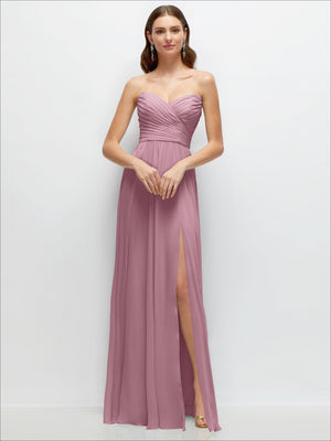 Mauve strapless chiffon maxi dress with ruched bodice and flowing A-line skirt