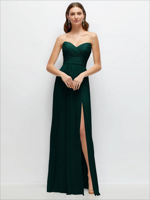 Emerald green strapless pleated surplice chiffon maxi dress with ruched bodice