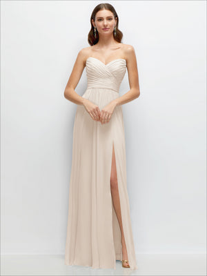 Light ivory strapless pleated chiffon maxi dress with surplice bodice and side slit