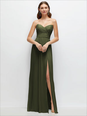 Olive green strapless pleated surplice chiffon maxi dress with front slit
