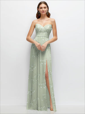 Mint green strapless pleated chiffon maxi dress with floral print and front slit