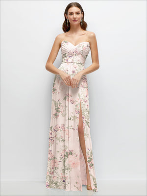 Blush pink floral strapless chiffon maxi dress with ruched bodice and side slit