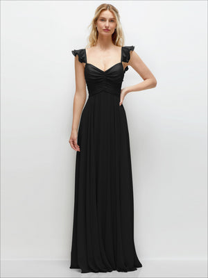Black chiffon maxi dress with sweetheart neckline, ruched bodice, ruffled shoulder sleeves