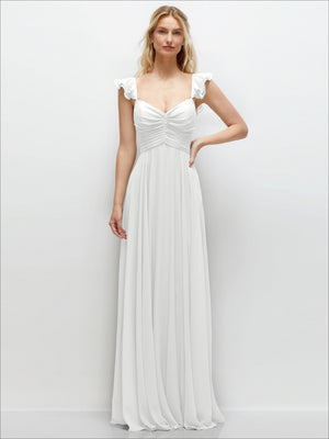 Ivory chiffon maxi dress with off-shoulder ruffle sleeves and full circle skirt drape