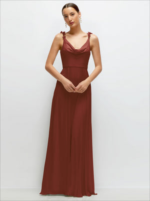 Dusty rose chiffon maxi dress with cowl neckline and thin straps, draped bodice