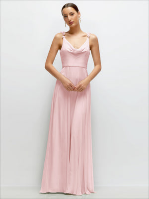Light rose pink chiffon cowl-neck maxi dress with draped neckline and spaghetti straps