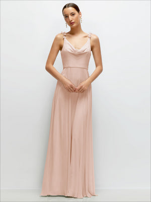 Cowl-neck chiffon maxi dress with draped cowl and thin straps, front view, blush mauve