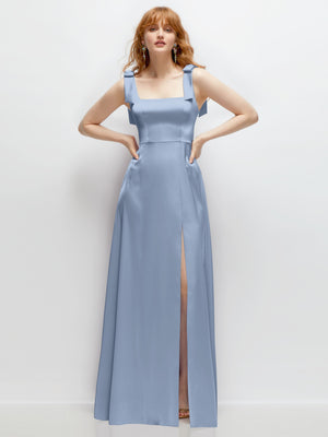 Light blue square-neck satin maxi dress with bow straps and high side slit