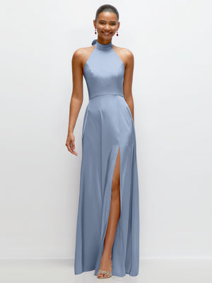 Cloudy blue satin halter maxi dress with open back and front thigh slit