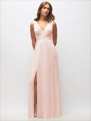 Sleeveless draped chiffon maxi dress with front slit, V-neck bodice, light blush pink