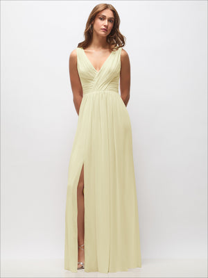 Light yellow sleeveless draped chiffon maxi dress with V-neck and front slit