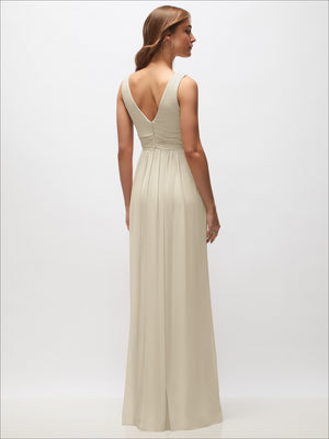 Sleeveless draped chiffon maxi dress in ivory with ruched V-back and front slit