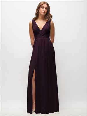 Sleeveless draped chiffon maxi dress in dark plum with V-neck and front slit