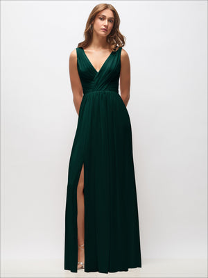Dark green sleeveless maxi dress with draped V-neck bodice and front slit