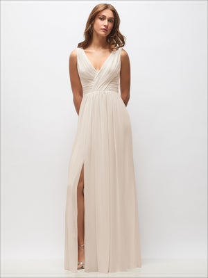 Ivory sleeveless draped chiffon maxi dress with front slit, gathered waist