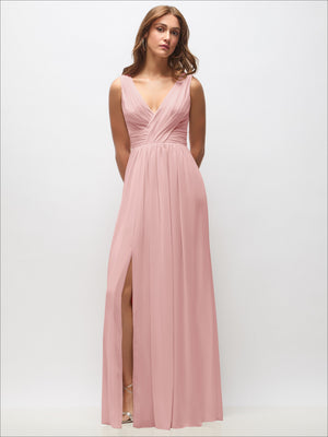 Sleeveless draped chiffon maxi dress with V-neck and front slit, light blush pink