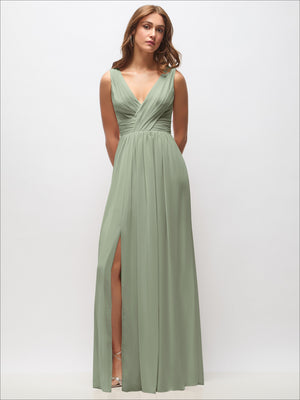 Sleeveless chiffon maxi dress with draped V-neck and front slit, sage green