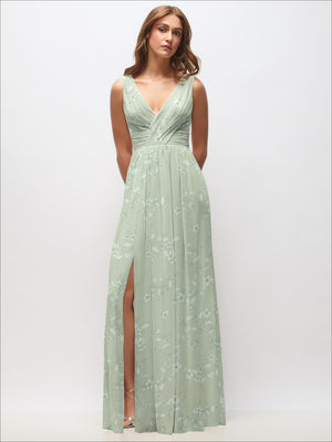 Mint green chiffon maxi dress with draped V-neck, sleeveless bodice, and front slit