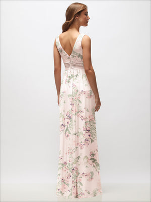 Blush pink floral sleeveless draped chiffon maxi dress with V-back and front slit