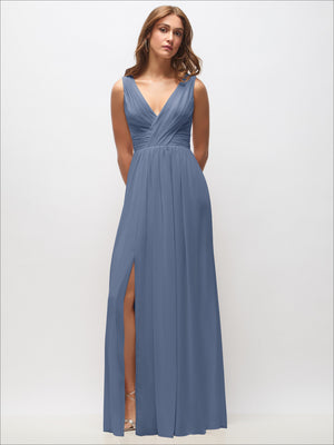 Sleeveless draped chiffon maxi dress in slate blue with front slit