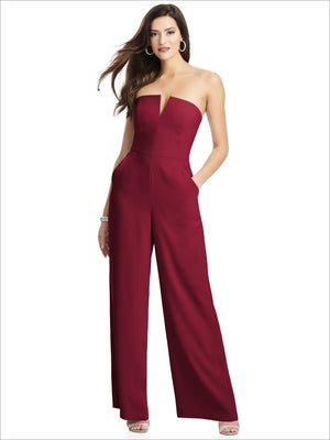 Strapless crepe jumpsuit, burgundy, notch neckline, wide-leg pants