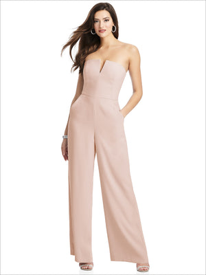 Blush strapless notch crepe jumpsuit with pockets and wide straight legs