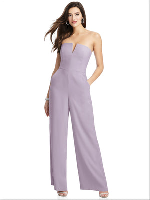 Strapless notch crepe jumpsuit in lavender with pockets and wide-leg pants