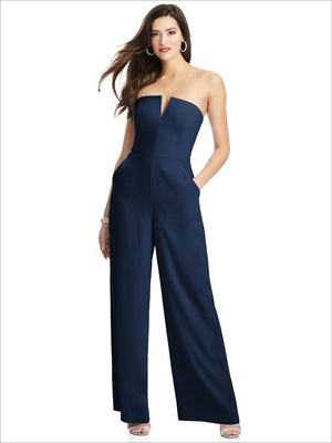 Strapless crepe jumpsuit with notch bodice and pockets, deep blue, wide-leg front view