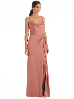 Cowl-neck draped wrap maxi dress in rose pink with front slit and thin straps