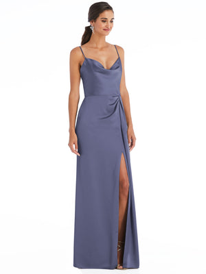 Midnight blue cowl-neck maxi wrap dress with thin straps and front slit