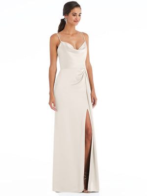 Ivory cowl-neck maxi wrap dress with thin straps and front leg slit